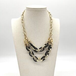 Banana Republic Gold Tone Black Resin Chunky Double Strand Link Bib Necklace‎